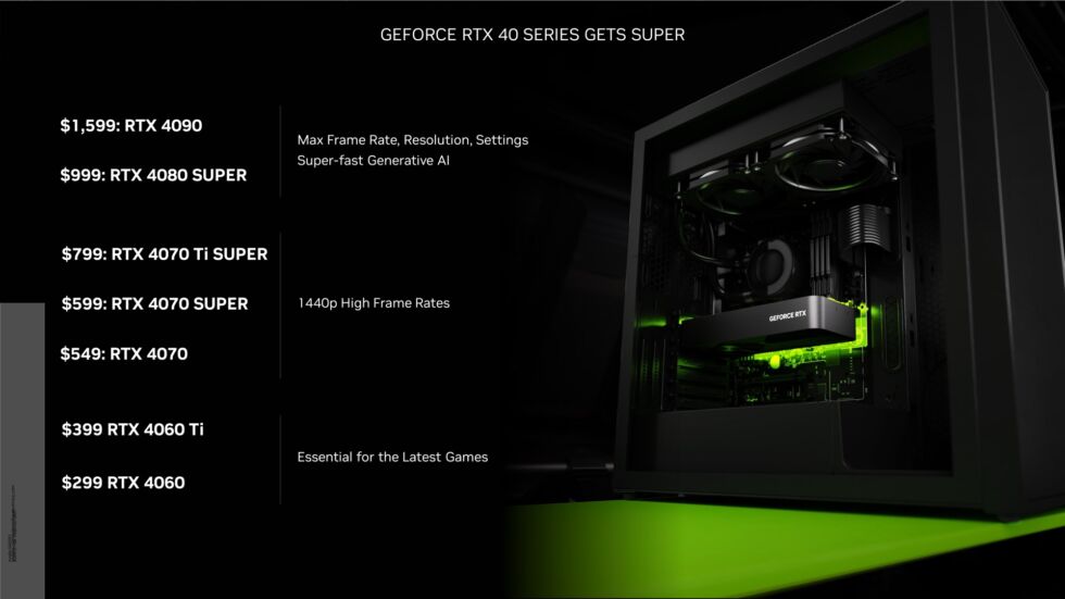 Most of the RTX 40-series lineup. The original 4080 and 4070 Ti are going away, while the original 4070 now slots in at $549. It's not shown here, but Nvidia confirmed that the 16GB 4060 Ti is also sticking around at $449.