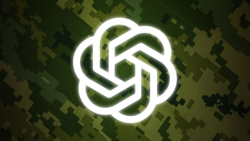 The OpenAI logo over a camoflage background.