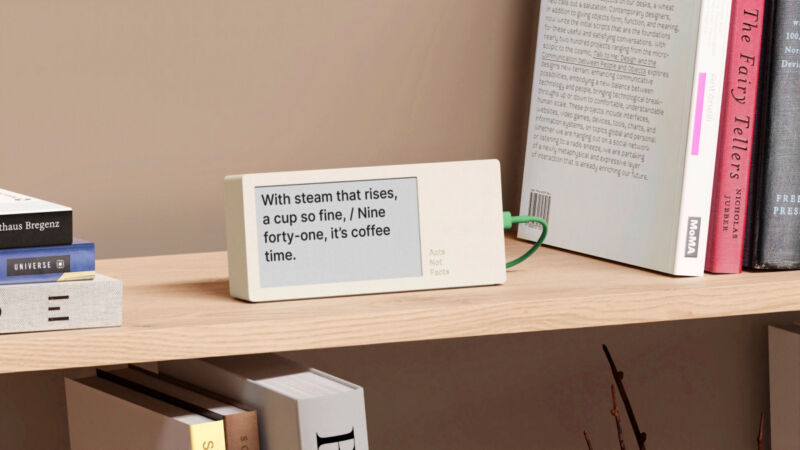 A CAD render of the Poem/1 sitting on a bookshelf.