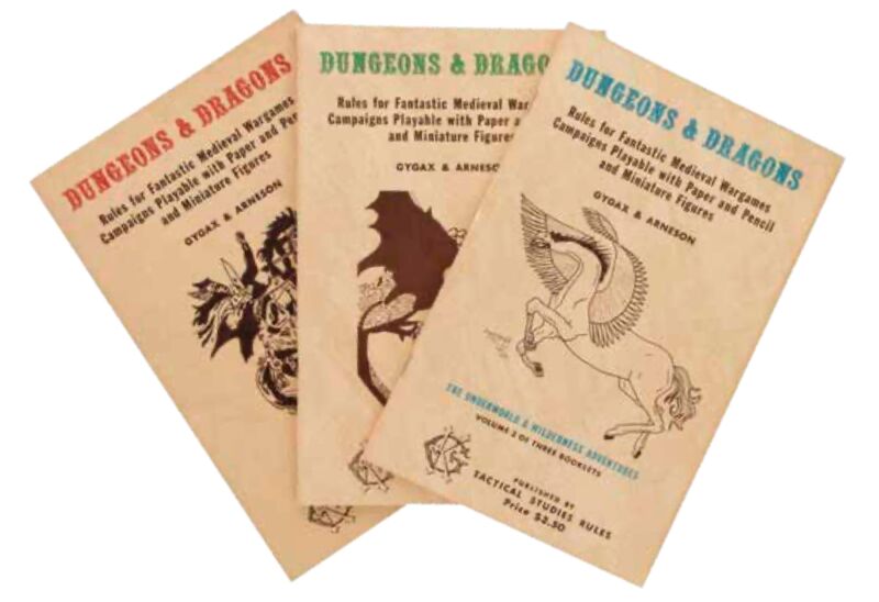 The three rulebooks for "fantastic medieval wargames" that started it all, released at some point in late January 1974, as seen in <a href="https://bookshop.org/p/books/dungeons-dragons-art-arcana-a-visual-history-sam-witwer/7280339"><em>Dungeons & Dragons Art & Arcana: A Visual History</em></a>.