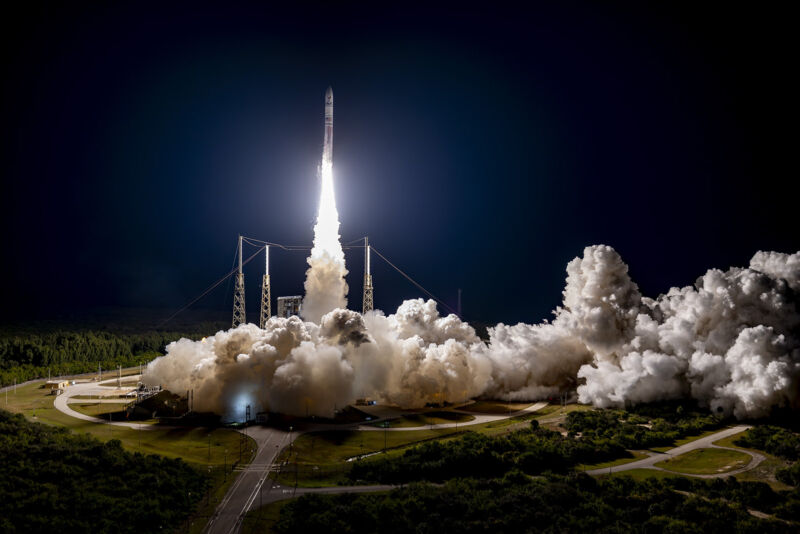 The first Vulcan rocket fires off its launch pad in Florida.