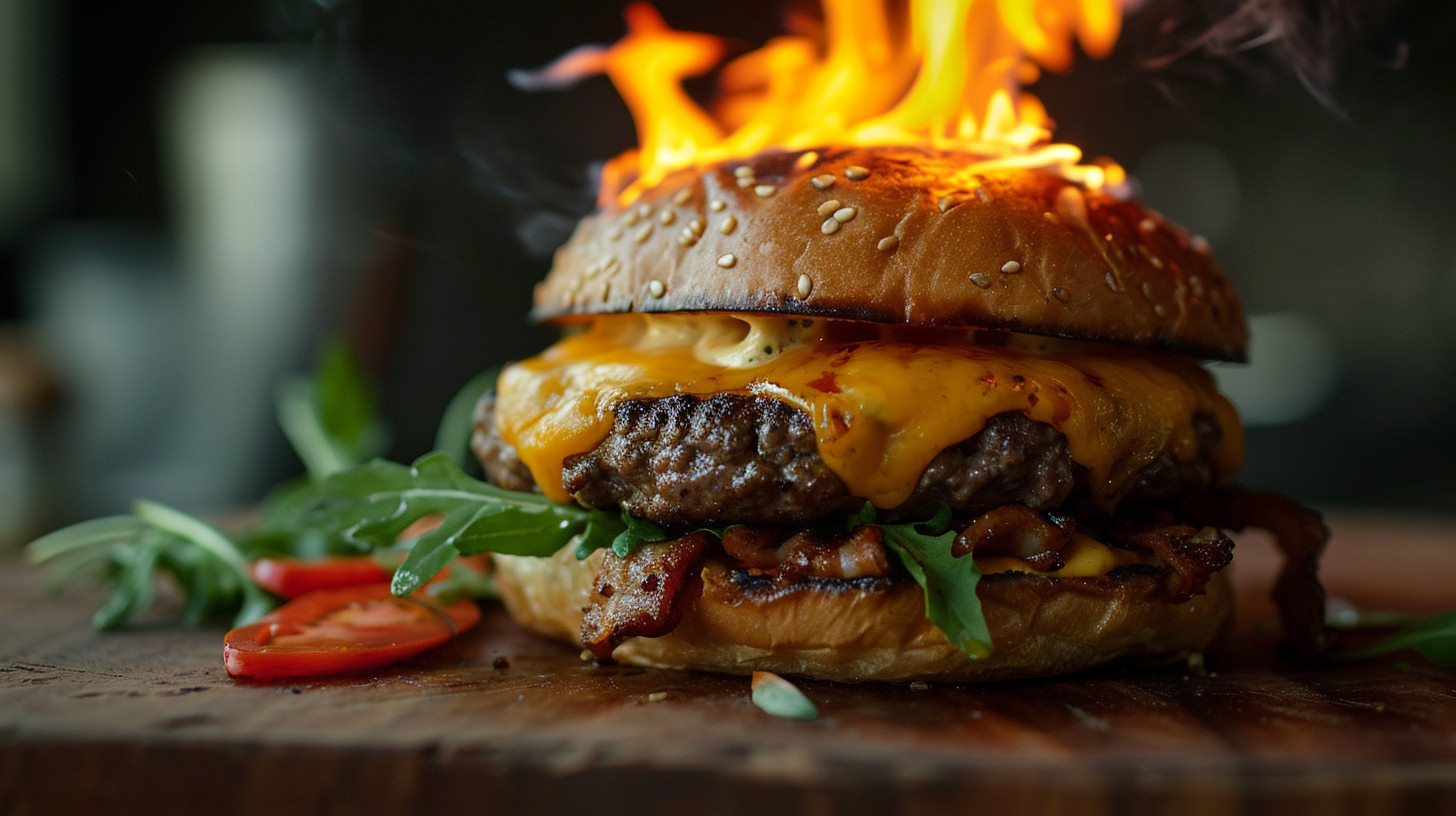 An AI-generated image of a juicy flaming cheeseburger created using alpha Midjourney v6.