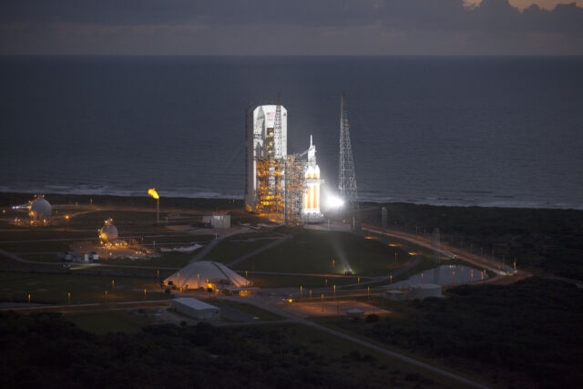 This aerial view shows a United Launch Alliance Delta IV Heavy rocket awaiting liftoff from Space Launch Complex 37 at Cape Canaveral Space Force Station, Florida.