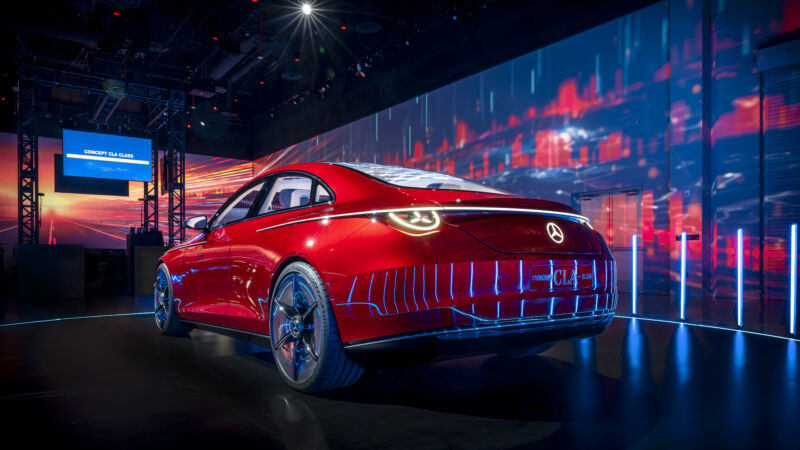 A red Mercedes CLA at CES in 2023