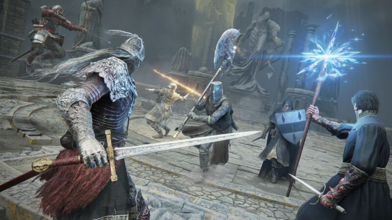 Elden Ring characters battling it out in a colosseum fight with swords, quarterstaffs, and other weapons.