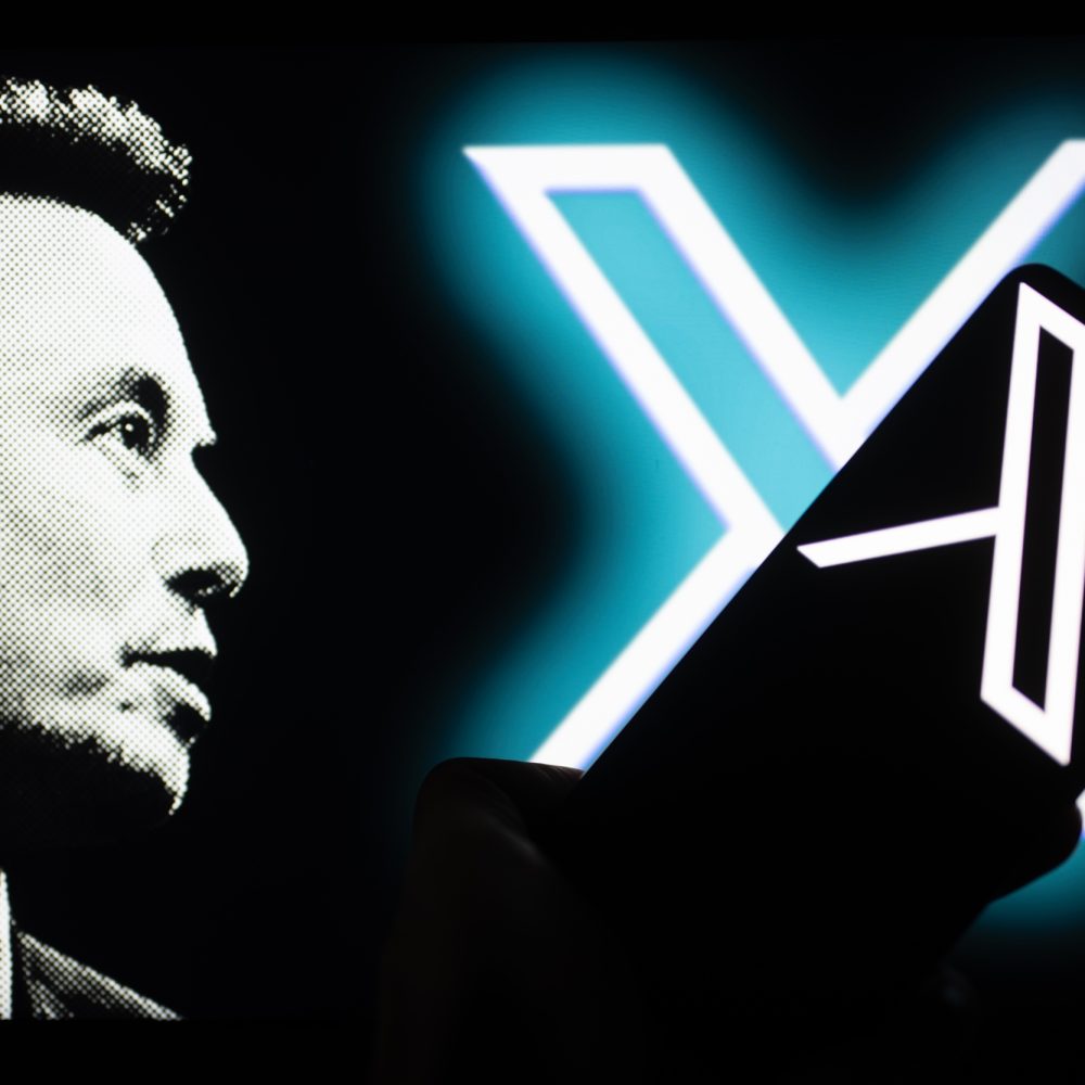 A photo of Elon Musk next to the logo for X, the social network formerly known as Twitter,.