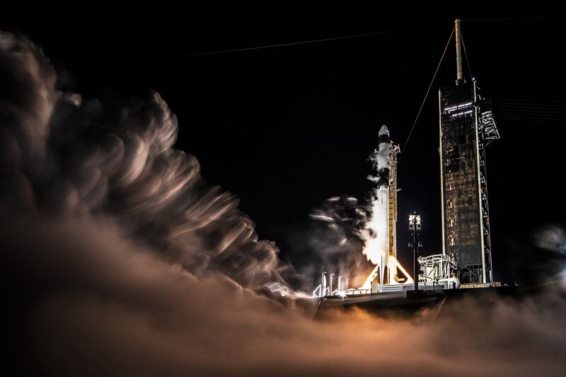 Static fire test of the Falcon 9 rocket that will launch the Crew 8 mission in early March.