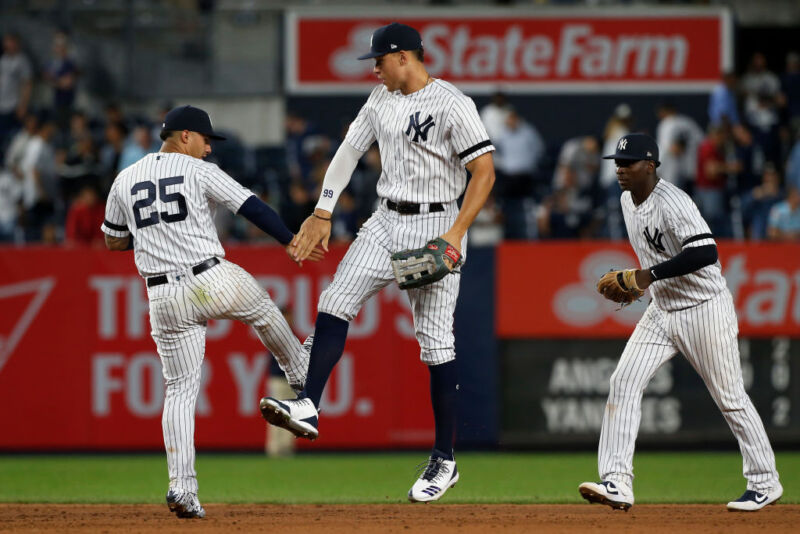 Gleyber Torres, Aaron Judge, and Didi Gregorious playing for the Yankees in 2019.