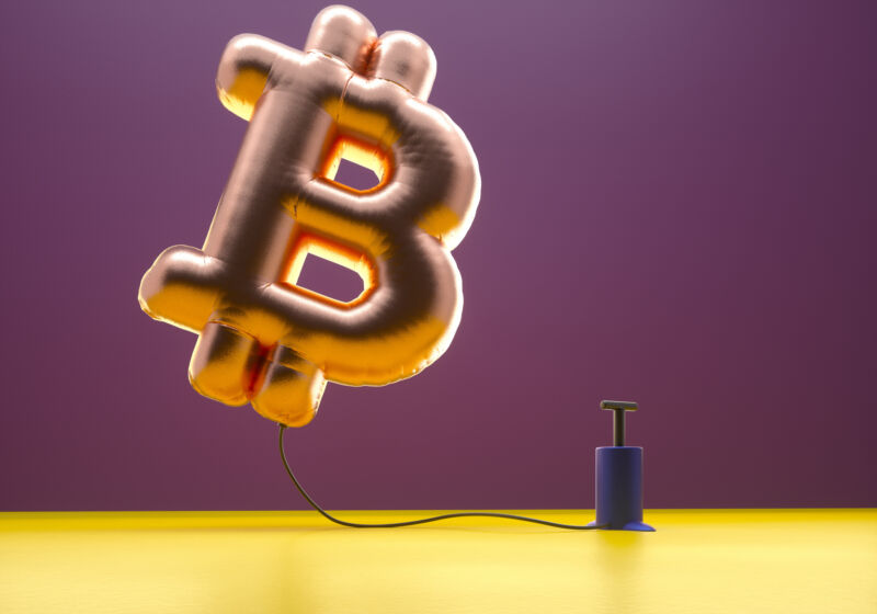 Digital generated image of golden helium balloon in shape of bitcoin sign inflated with air pump and moving up against purple background.