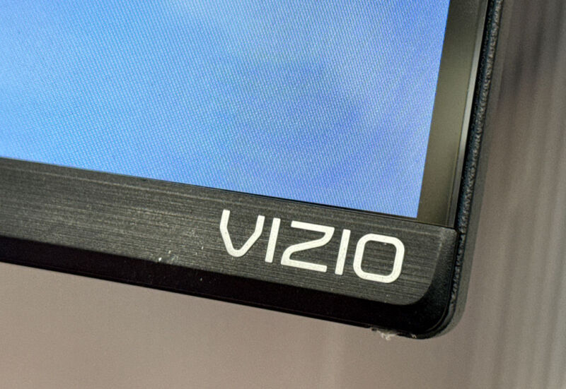 Close-up of Vizio logo on a TV