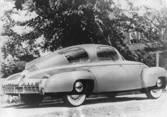 Heavily retouched photograph shows an illustration of the aerodynamic 1947 Tucker Torpedo automobile in August of 1946. 