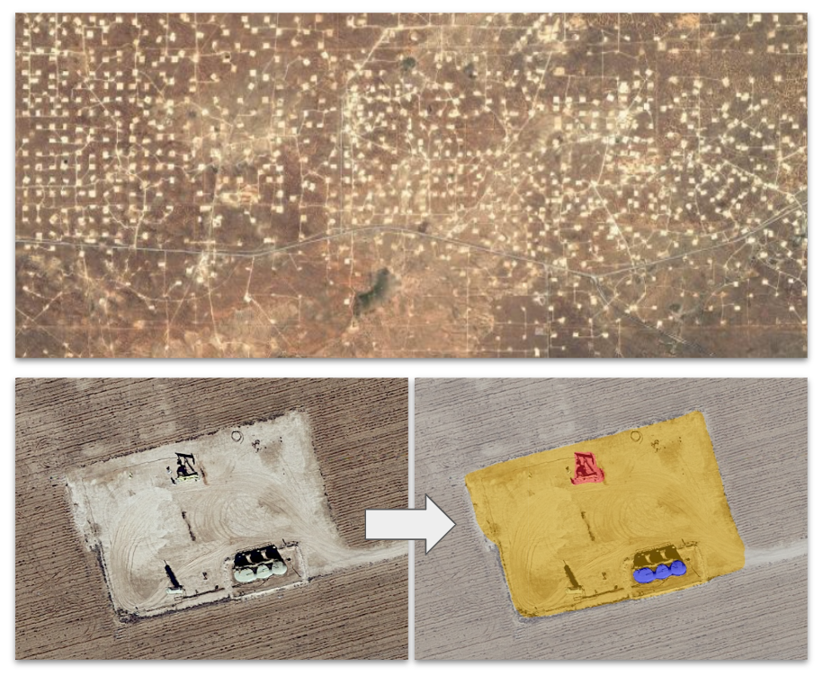 Top image: A view of an area undergoing oil/gas extraction. Left: a closeup of an individual drilling site. Right: Computer-generated color coding of the hardware present at the site.