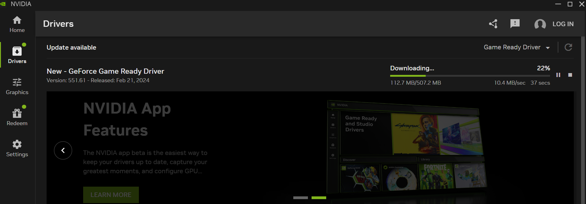 Proof that you can, miracle of miracles, download an Nvidia driver update in Nvidia's new app without having to sign in.