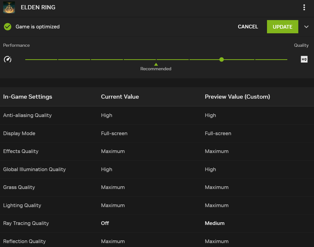 Changing the settings in <em>Elden Ring</em> with the more granular controls available in Nvidia's new beta app.