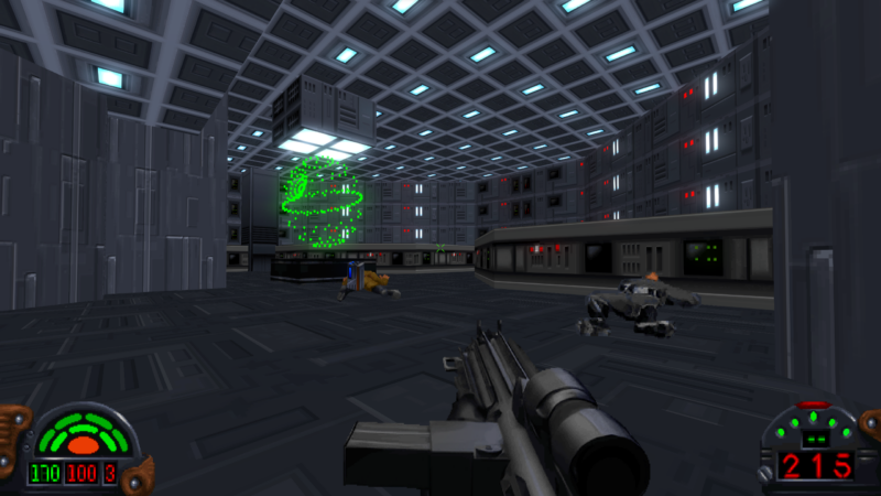 Player holding a gun inside an Alliance base in Dark Forces.