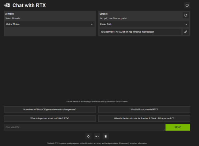 A screenshot of Chat With RTX, which runs in a web browser window.