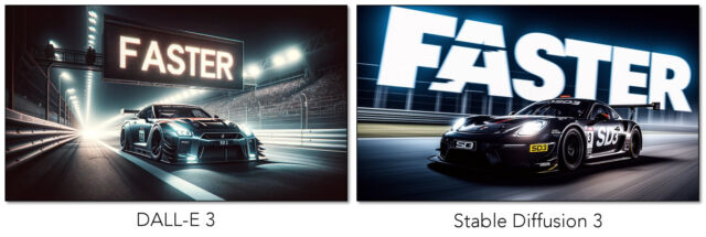 A comparison of outputs between OpenAI's DALL-E 3 and Stable Diffusion 3 with the prompt, "Night photo of a sports car with the text "SD3" on the side, the car is on a race track at high speed, a huge road sign with the text 'faster.'"