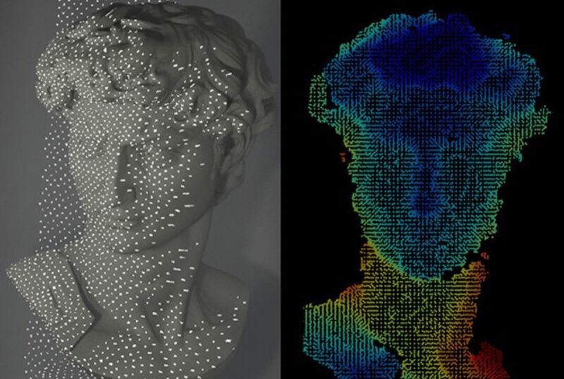 Un nuevo sistema compacto y sin lentes para reconocimiento facial escanea un busto del David de Miguel Ángel y reconstruye la imagen usando menos energía que los sistemas de imágenes de superficie 3D existentes.