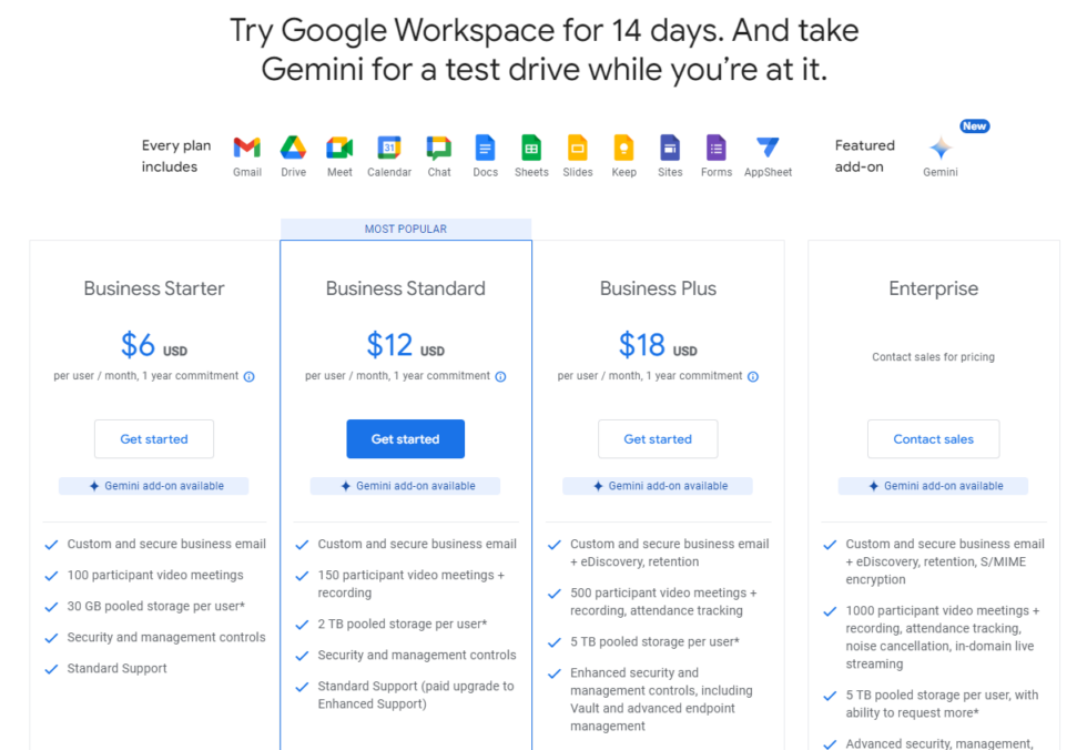 The new Workspace pricing page, with a 