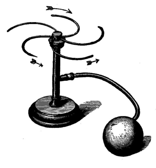 Illustration of a "reaction wheel" from Ernst Mach's <em>Mechanik</em> (1883).