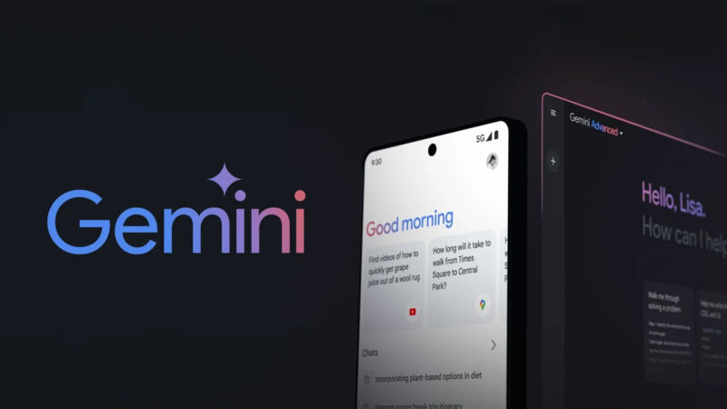 A promotional image for Google Gemini AI products.