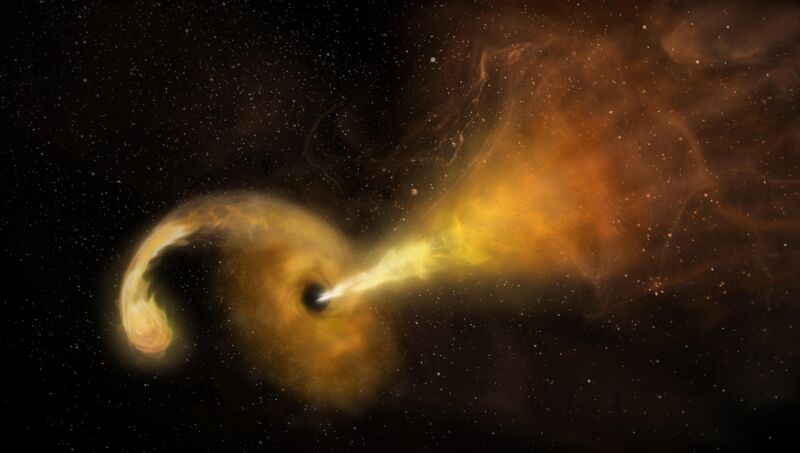 Artist's concept not a star being pulled apart, with its material forming a glowing ring around a black hole.