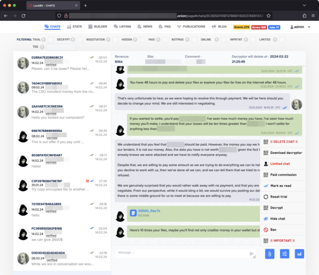Screenshot showing chats between a Lockbit affiliate and a victim.