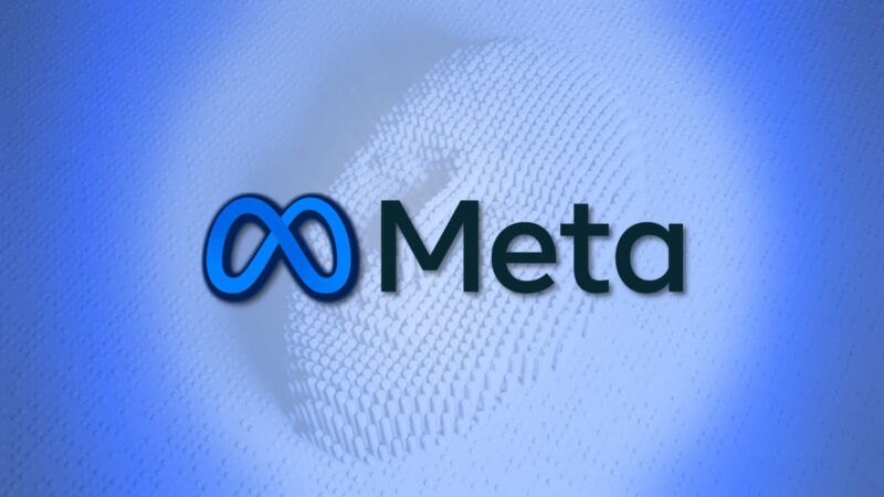 The Meta logo superimposed over a pixelated face in the background.
