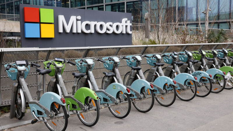 Velib bicycles are parked in front of the the U.S. computer and micro-computing company headquarters Microsoft on January 25, 2023 in Issy-les-Moulineaux, France.