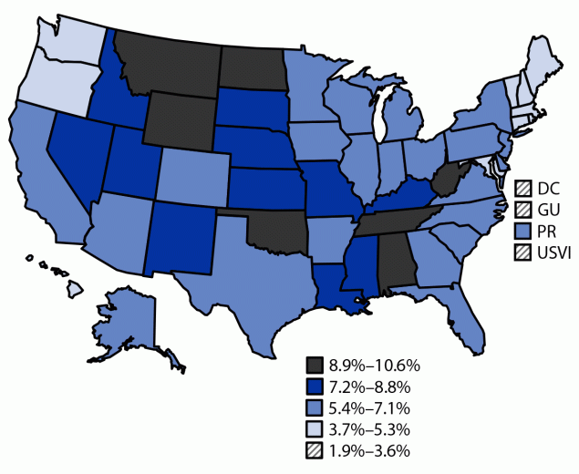 Prevalence of reported experience of Long COVID among adults aged ≥18 years, by jurisdiction.