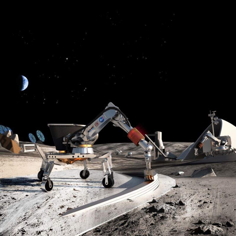 A robot performing construction on the surface of the moon against the black backdrop of space.