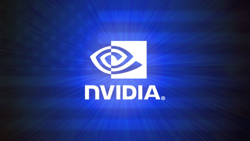 The Nvidia logo on a blue background with an American flag.