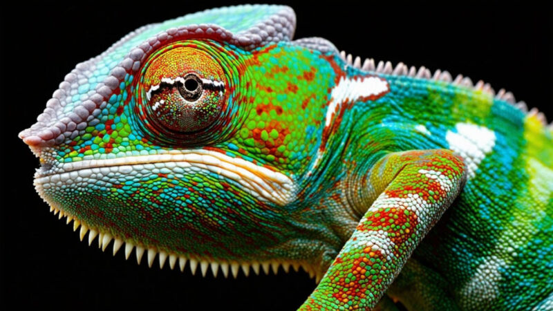 Stable Diffusion 3 generation with the prompt: studio photograph closeup of a chameleon over a black background.