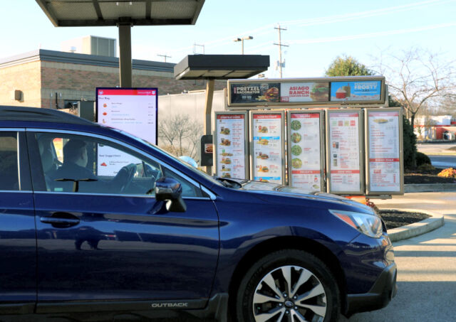 A Wendy's drive-through menu as seen in 2023 during the FreshAI rollout.