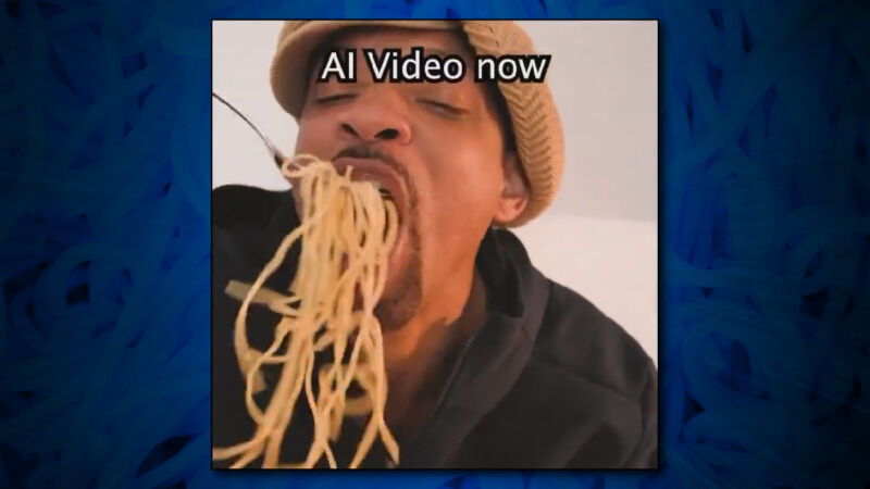 Adevăratul Will Smith mănâncă spaghete, parodiând un videoclip generat de inteligență artificială din 2023.