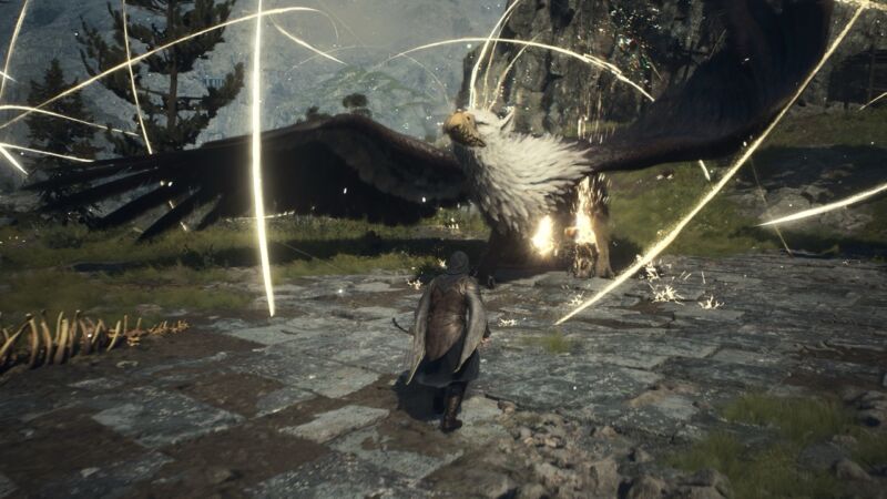 Player shooting down a griffon with circling beams of light.