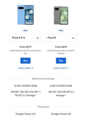Google "Comparando" La página no informa claramente a los clientes sobre lo que están comprando.
