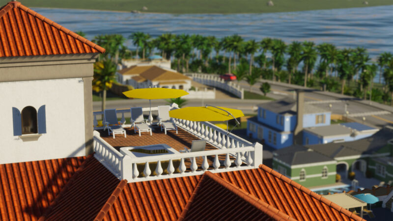 View of a rooftop terrace with sun umbrella in Cities: Skylines 2's Beach Properties expansion.
