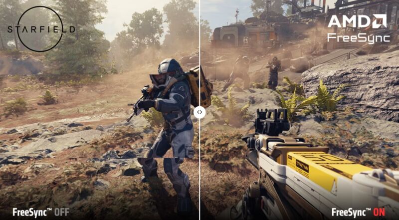 AMD's depiction of a game playing without FreeSync (left) and with FreeSync (right).