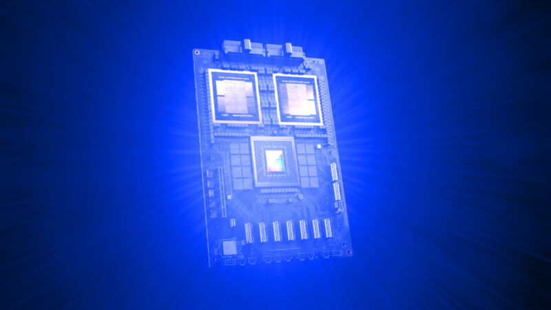 The GB200 "superchip" covered with a fanciful blue explosion that suggests computational power bursting forth from within. The chip does not actually glow blue in reality.