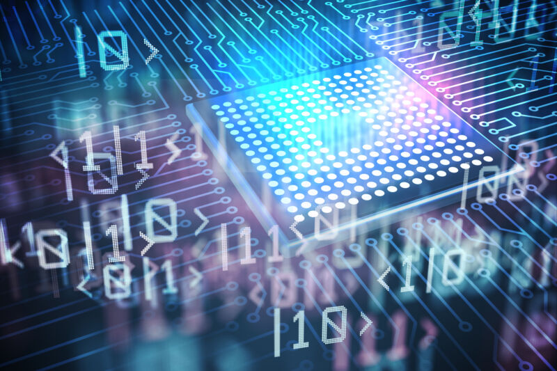 grafică conceptuală a simbolurilor reprezentând stări cuantice care plutesc deasupra unui cip de computer stilizat.