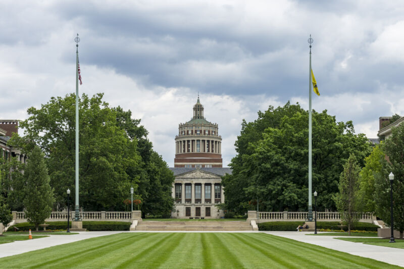 Image of a large lawn, with a domed building flanked by trees and flagpoles at its far end.