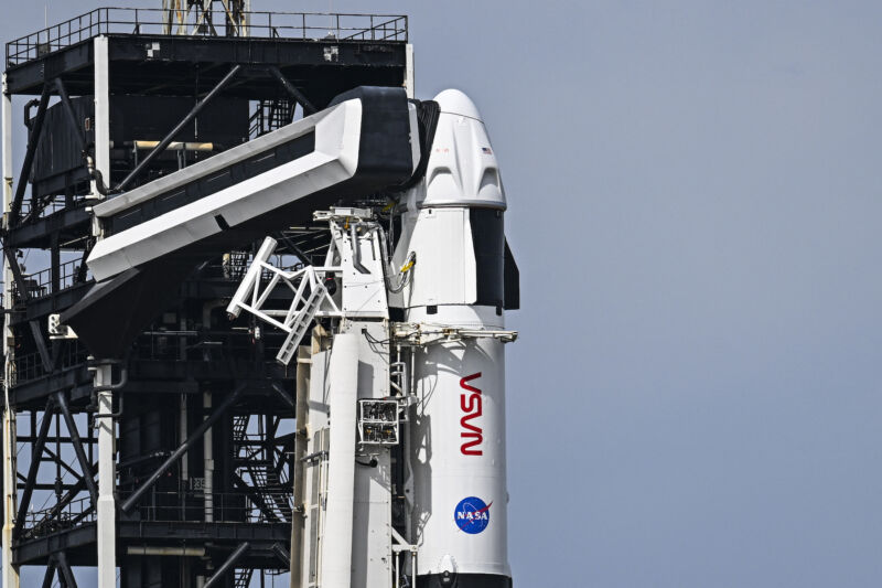 A Falcon 9 rocket with SpaceX's Crew Dragon Endeavour spacecraft stands on Launch Complex 39A ahead of a launch attempt Sunday night.
