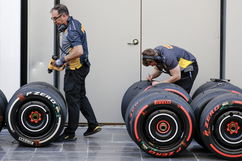 Pirelli technicians work on the tires during practice ahead of the F1 Grand Prix of Saudi Arabia at Jeddah Corniche Circuit on March 7, 2024, in Jeddah, Saudi Arabia. 