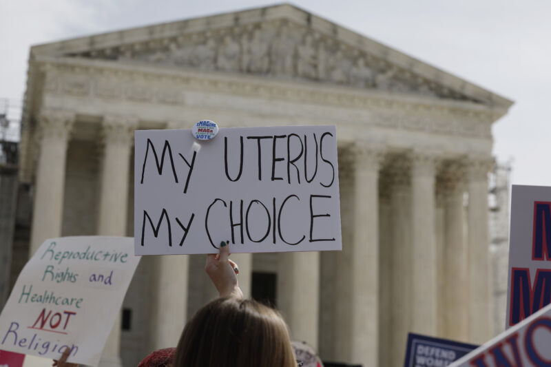 Demonstrators participate in an abortion-rights rally outside the Supreme Court as the justices of the court hear oral arguments in the case of the <em>US Food and Drug Administration v. Alliance for Hippocratic Medicine</em> on March 26, 2024 in Washington, DC.