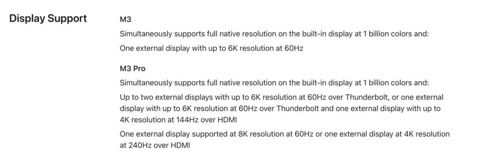 Al momento de escribir este artículo, la hoja de especificaciones del MacBook Pro M3 aún no menciona la compatibilidad con una segunda pantalla externa.