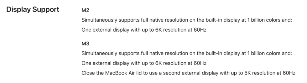 La página de especificaciones de Apple para el nuevo M3 Airs explica su nuevo soporte para múltiples pantallas.