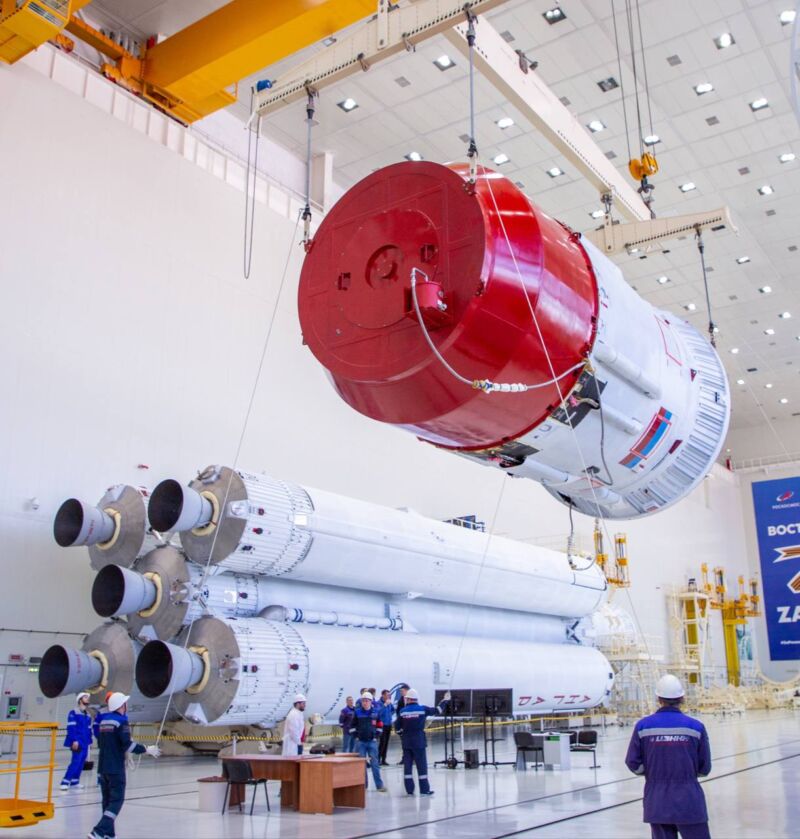Technicians assemble an Angara A5 rocket at the Vostochny Cosmodrome in Russia's Far East.