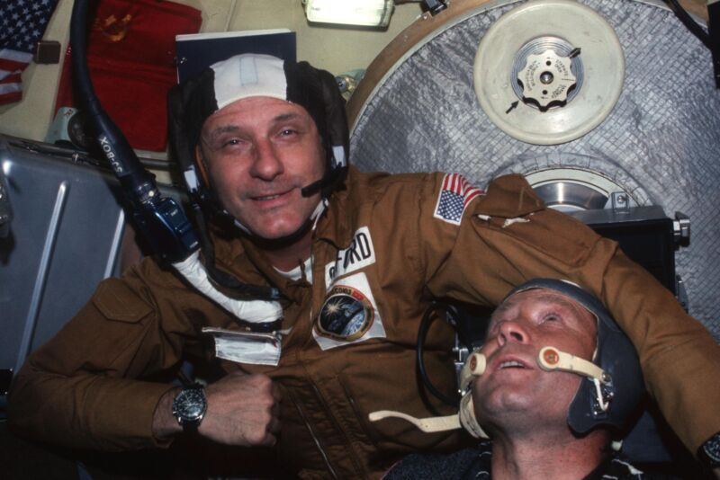 Apollo commander Tom Stafford (left) with Soyuz commander Alexei Leonov during the Apollo-Soyuz mission in July 1975.