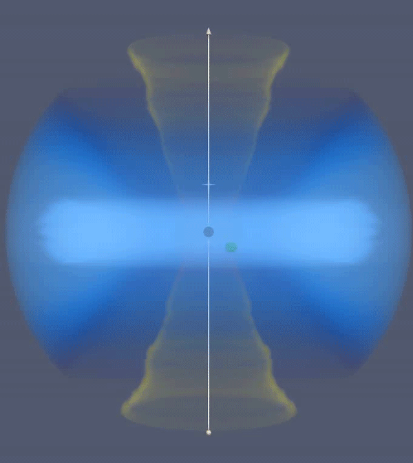 Simulación por computadora de un agujero negro de masa intermedia que orbita alrededor de un agujero negro supermasivo y genera columnas de gas periódicas que pueden explicar las observaciones. 